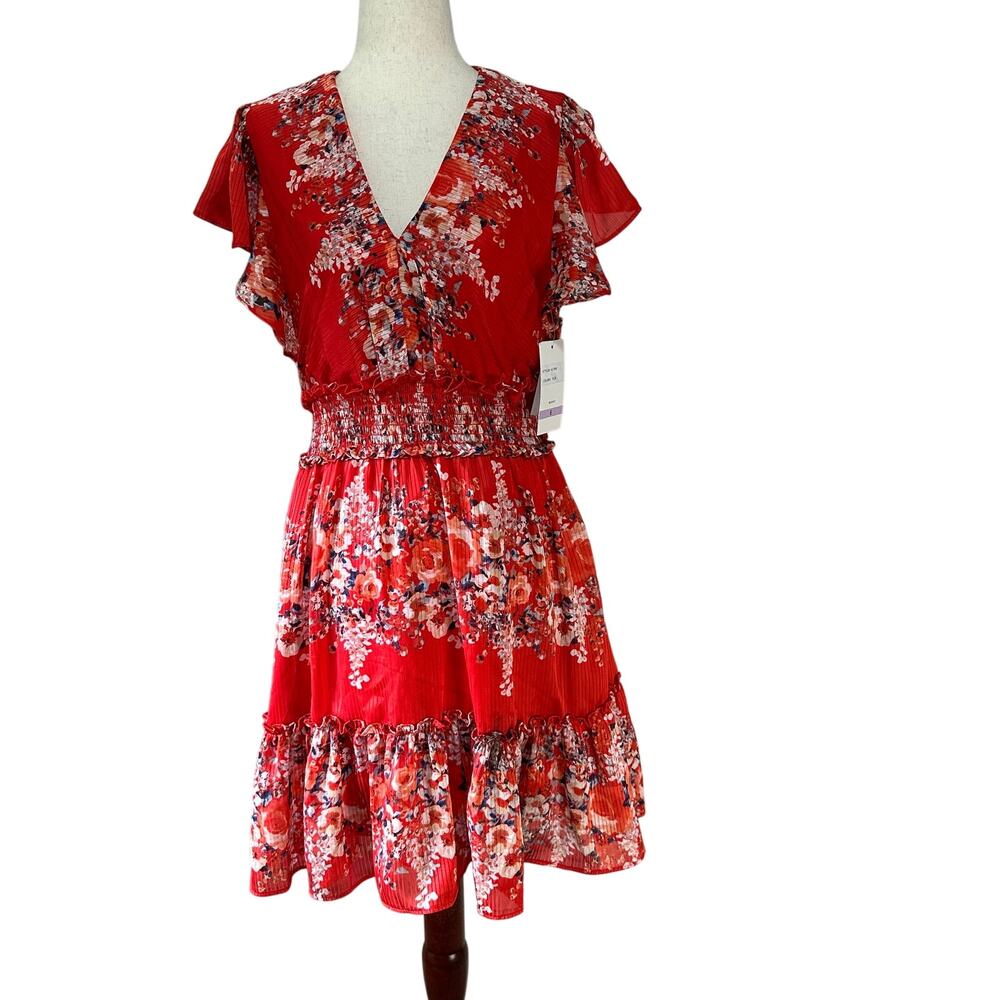 TAYLOR Women's Flutter-Sleeve Smocked-Waist Dress Size 6 In Flame/Denim